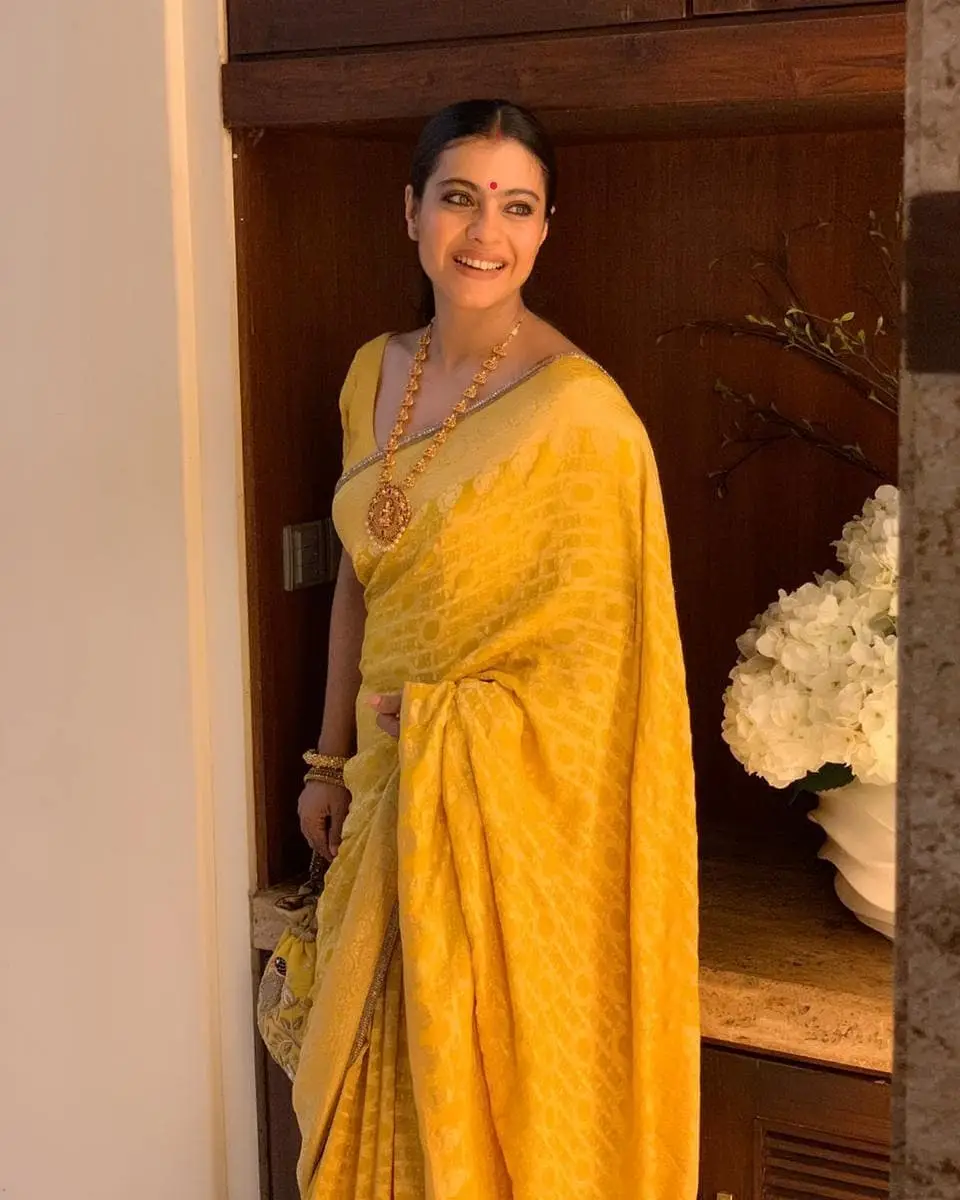 Kajol Devgan Photos In Yellow Saree Maroon Blouse